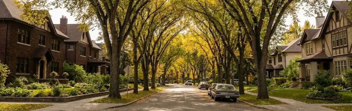 Historic luxury homes on the tree-lined Leopold Crescent in The Crescents neighbourhood, Regina